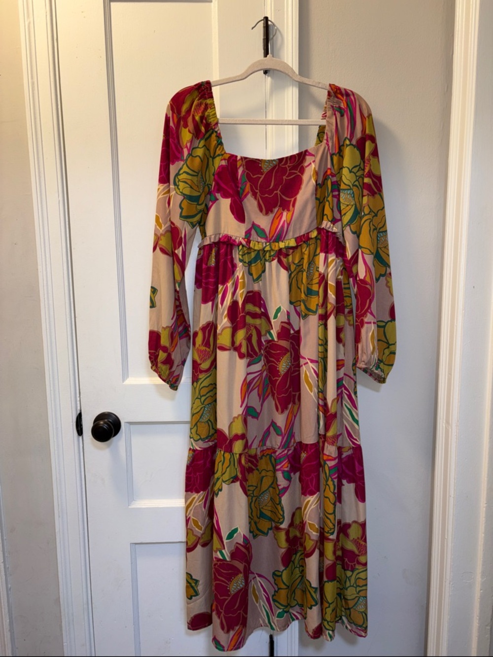 Beige Floral Long-Sleeve Midi Dress with Magenta & Yellow Print